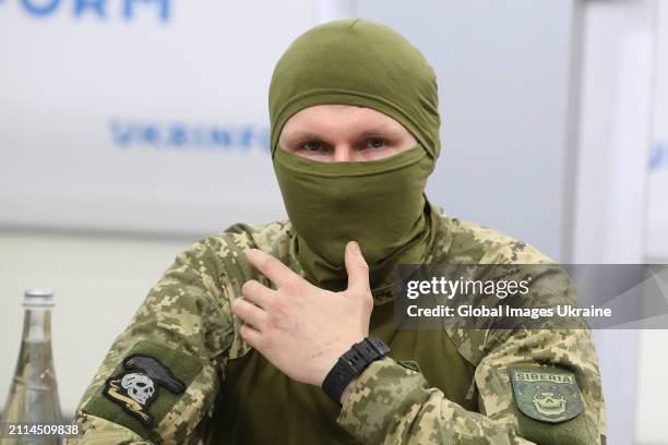 Military volunteer of the Sibir Battalion with call sign 'Kholod" attends a press conference on the Limited military operation in Belgorod and Kursk...