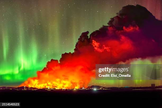 aurora, volcano and lava in iceland - volcanic activity stock pictures, royalty-free photos & images