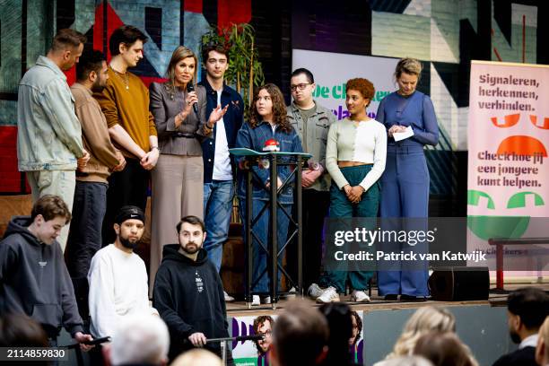 Queen Maxima of The Netherlands at the launch of online tool Checkers where adults can learn about how they can support young people with mental...