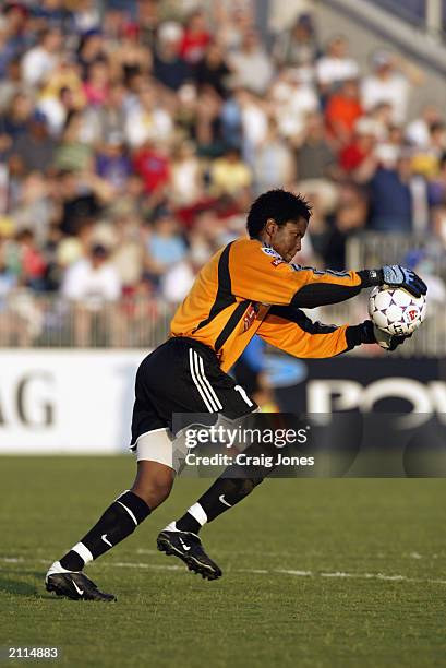 Goalkeeper Briana Scurry of the American All-Stars plays the ball against the World All-Stars during the WUSA All-Star Game on June 19, 2003 at SAS...