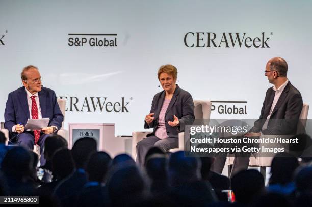 From left, S&P Global Vice Chairman, Daniel Yergin, Oxy President and Chief Executive Officer Vicki Hollub and Microsoft Executive Vice President,...