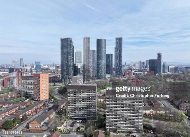 An aerial view over the city centre of Manchester showing recently constructed apartment homes on March 26, 2024 in Manchester, United Kingdom....