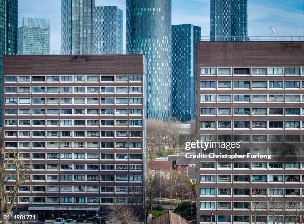 An aerial view over the city centre of Manchester showing recently constructed apartment homes on March 26, 2024 in Manchester, United Kingdom....