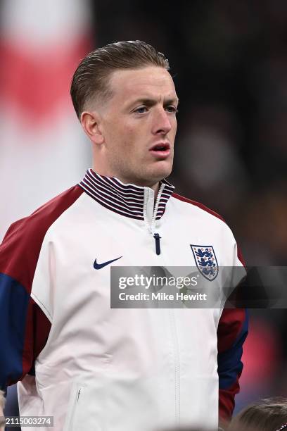 Jordan Pickford of England lines up for the National Anthems ahead of the international friendly match between England and Brazil at Wembley Stadium...