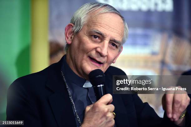 Cardinal Matteo Maria Zuppi President of CEI attends the "Plan B" book presentation at Exchange Hall Library on March 25, 2024 in Bologna, Italy.