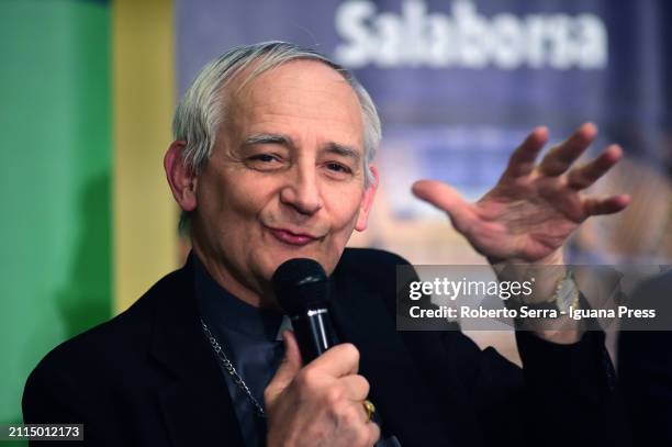 Cardinal Matteo Maria Zuppi President of CEI attends the "Plan B" book presentation at Exchange Hall Library on March 25, 2024 in Bologna, Italy.