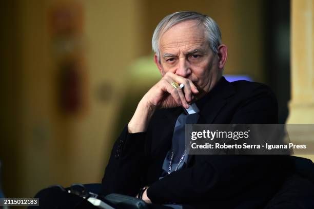 Cardinal Matteo Maria Zuppi President of CEI attends the "Plan B" book presentation at Exchange Hall Library on March 25, 2024 in Bologna, Italy.