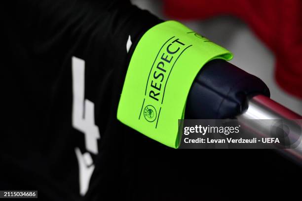 The UEFA Respect captain's armband is seen inside the Georgia dressing room prior to the UEFA EURO 2024 Play-Offs final match between Georgia and...