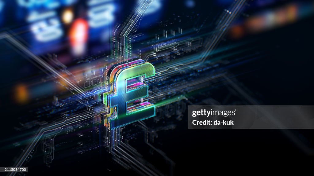 Pound symbol on futuristic background. Digital connection and data transfers with defocused lights.