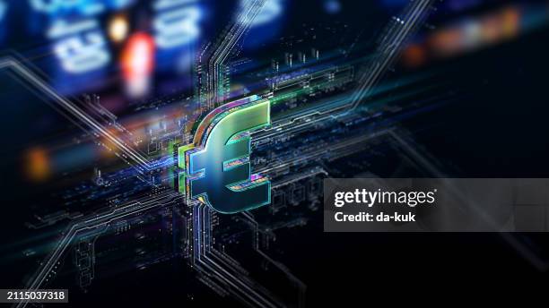 eurozeichen auf futuristischem hintergrund. digitale verbindung und datenübertragung mit defokussierten leuchten. - digitalanzeige stock-fotos und bilder