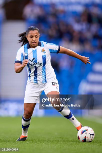 Manuela Vanegas of Real Sociedad with the ball during the Liga F match between Real Sociedad and Athletic Club at Reale Arena on March 23, 2024 in...