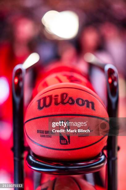 Wilson Official Game Ball is seen on a rack before the Brooklyn Nets play the Toronto Raptors in their NBA basketball game at the Scotiabank Arena on...