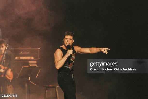 American comedian and actor Joe Piscopo on stage during 'The Joe Piscopo Halloween Party', recorded at Royce Hall on the UCLA campus in Los Angeles,...