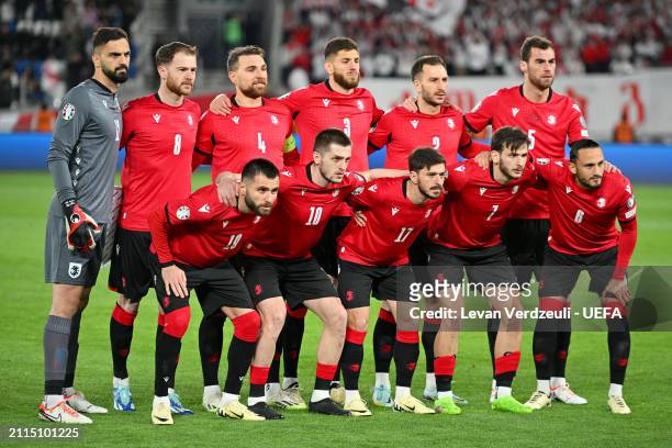 Players of Georgia pose for a team photograph prior to the UEFA EURO 2024 Play-Offs final match between Georgia and Greece at Boris Paichadze...