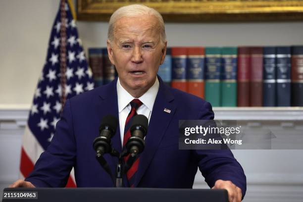 President Joe Biden delivers remarks on the collapse of Francis Scott Key Bridge in Baltimore, Maryland, in the Roosevelt Room of the White House on...