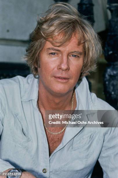 American actor and singer Troy Donahue, wearing a light blue shirt, open at the collar, United States, circa 1975.