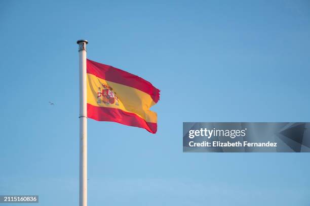 the flag spain waving against sky - crown pattern stock pictures, royalty-free photos & images