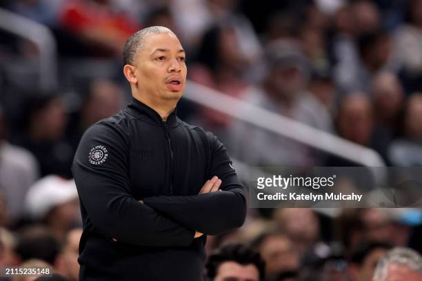 Head coach Tyronn Lue of the Los Angeles Clippers looks on during the first quarter against the Indiana Pacers at Crypto.com Arena on March 25, 2024...