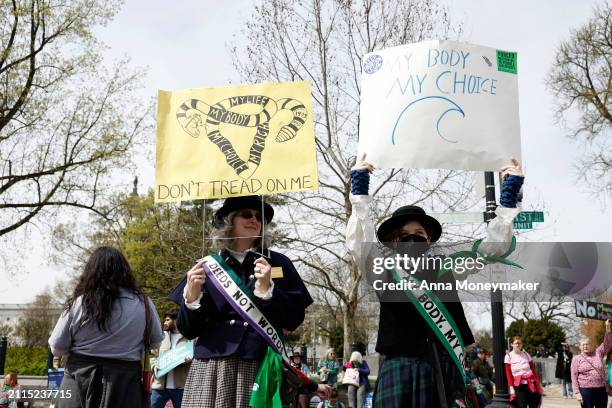 Demonstrators participate in a abortion-rights rally outside the Supreme Court as the justices of the court hear oral arguments in the case of the...