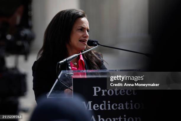 Planned Parenthood President Alexis McGill Johnson speaks at a abortion-rights rally outside the Supreme Court as the justices of the court hear oral...