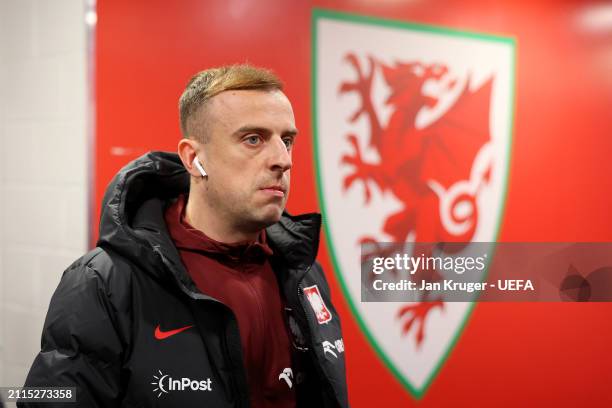 Kamil Grosicki of Poland arrives at the stadium prior to the UEFA EURO 2024 Play-Offs Final match between Wales and Poland at Cardiff City Stadium on...