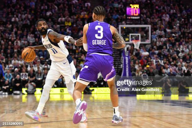 Kyrie Irving of the Dallas Mavericks in action during the first half of a game against the Utah Jazz at Delta Center on March 25, 2024 in Salt Lake...