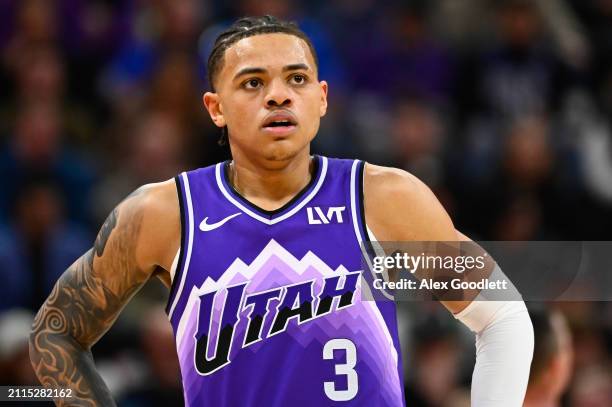 Keyonte George of the Utah Jazz in action during a game against the Dallas Mavericks at Delta Center on March 25, 2024 in Salt Lake City, Utah. NOTE...