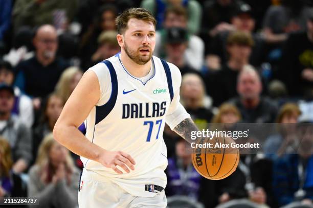 Luka Doncic of the Dallas Mavericks looks on during the second half of a game against the Utah Jazz at Delta Center on March 25, 2024 in Salt Lake...