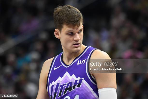 Walker Kessler of the Utah Jazz in action during the first half of a game against the Dallas Mavericks at Delta Center on March 25, 2024 in Salt Lake...