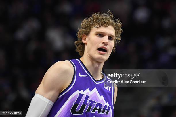 Lauri Markkanen of the Utah Jazz looks on during the first half of a game against the Dallas Mavericks at Delta Center on March 25, 2024 in Salt Lake...