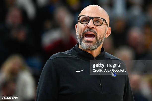 Dallas Mavericks head coach Jason Kidd looks on during the first half of a game against the Utah Jazz at Delta Center on March 25, 2024 in Salt Lake...