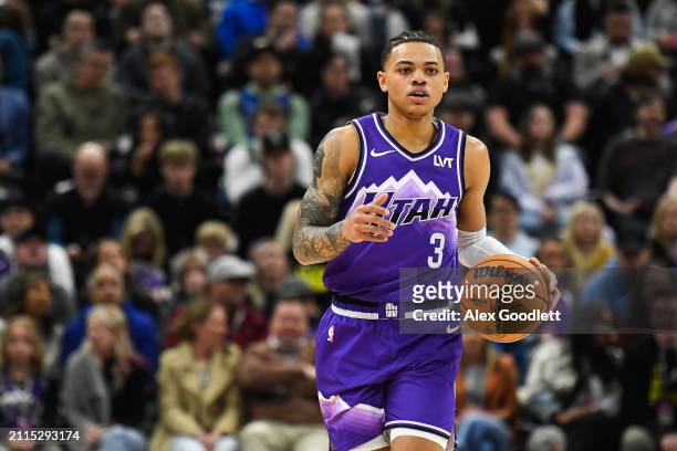 Keyonte George of the Utah Jazz in action during a game against the Dallas Mavericks at Delta Center on March 25, 2024 in Salt Lake City, Utah. NOTE...