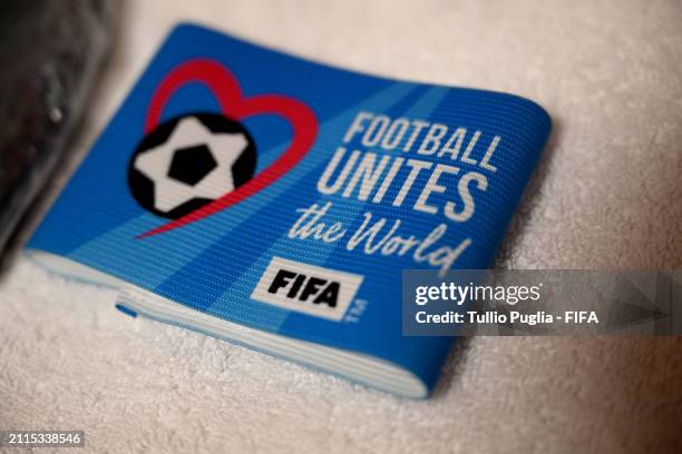 The FIFA Football Unites the World Captain's Armband is displayed inside the Egypt dressing room prior to the FIFA Series 2024 Egypt match between...