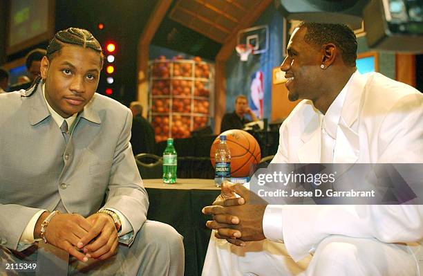LeBron James and Carmelo Anthony gets some laughs prior to the 2003 NBA Draft at the Paramount Theatre at Madison Square Garden on June 26, 2003 in...