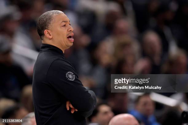 Head coach Tyronn Lue of the Los Angeles Clippers reacts to a play during the first quarter against the Indiana Pacers at Crypto.com Arena on March...