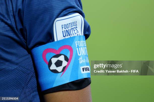 Detailed view of the 'Football Unites The World' logo on the captains armband during the FIFA Series 2024 Saudi Arabia match between Vanuatu and...