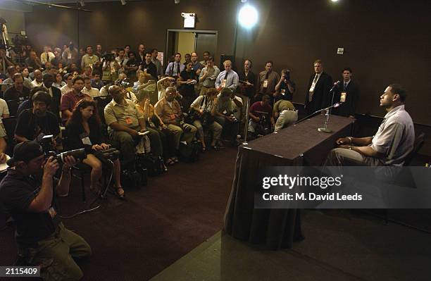 LeBron James answers questions from the media during the 2003 NBA Draft Media Availability at the Westin Times Square hotel on June 25, 2003 in New...