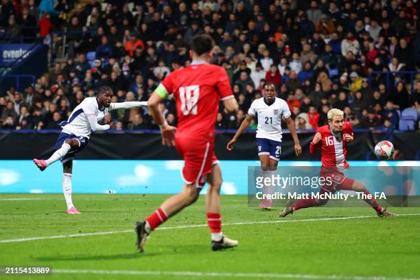 Samuel Iling-Junior of England scores his team's second goal during the UEFA U21 Euro 2025 Qualifier match between England and Luxembourg at...