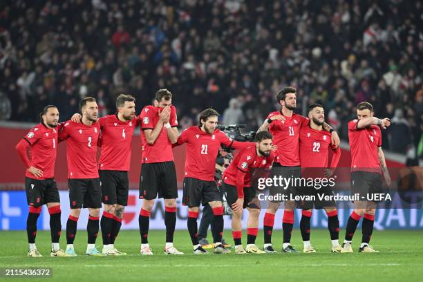 Players of Georgia react in the penalty shoot out during the UEFA EURO 2024 Play-Offs final match between Georgia and Greece at Boris Paichadze...