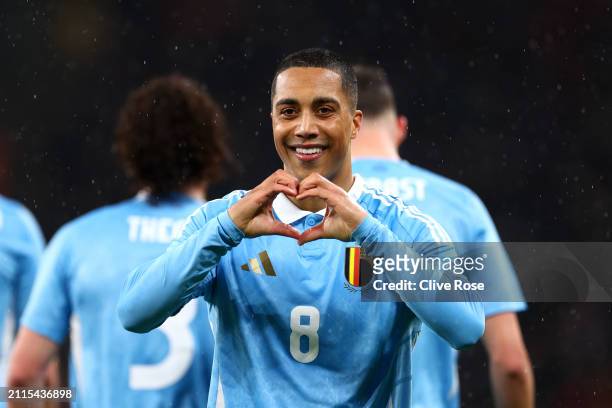 Youri Tielemans of Belgium celebrates scoring his team's first goal during the international friendly match between England and Belgium at Wembley...