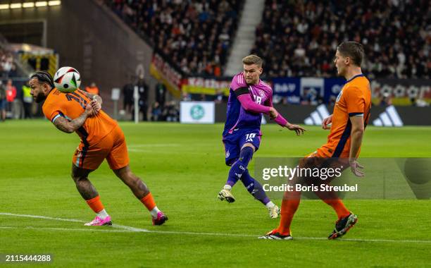 Maximilian Mittelstaedt of Germany scores his team's first goal during the international friendly match between Germany and Netherlands at Deutsche...