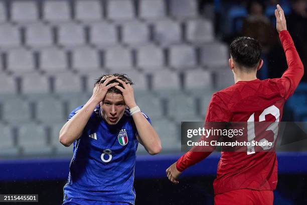 Giovanni Fabbian of Italy looks dejected after a missed chance during the UEFA U21 Euro 2025 Qualifier match between Italy and Turkey at Stadio Paolo...