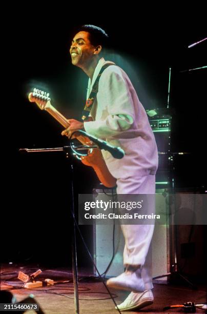 Brazilian musician Gilberto Gil plays electric guitar during a 'Musica e Parole Per l'Amazzonia performance during the Perdonanza Celestiniana...