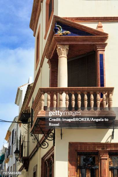 decorated wooden balcony, corner balcony, facade detail in the historic centre, priego de cordoba, cordoba, andalusia, spain, europe - corner embellishment stock pictures, royalty-free photos & images