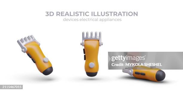 poster with realistic hair clipper in different position on white background - shaving razor on white stock illustrations
