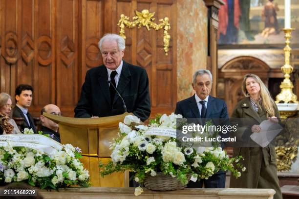 Baron Eric de Rothschild reads a Jewish Prayer during Frederic Mitterrand's Funeral at Eglise Saint-Thomas-d'Aquin on March 26, 2024 in Paris, France.