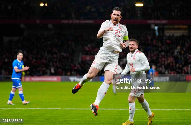 Pierre Emile Hoejbjerg of Denmark celebrates after scoring the team's first goal during the friendly match between Denmark and Faroe Island at...