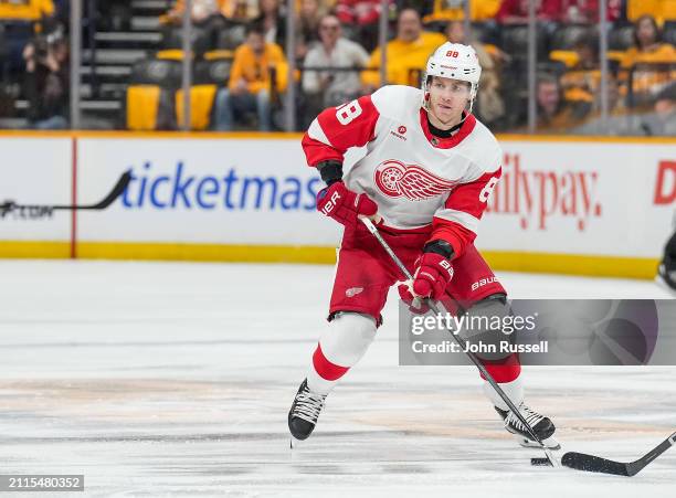 Patrick Kane of the Detroit Red Wings skates against the Nashville Predators during an NHL game at Bridgestone Arena on March 23, 2024 in Nashville,...