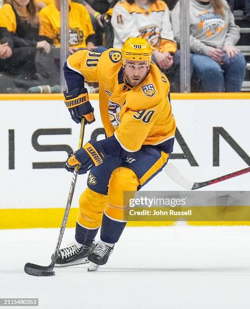 Ryan O'Reilly of the Nashville Predators skates against the Detroit Red Wings during an NHL game at Bridgestone Arena on March 23, 2024 in Nashville,...