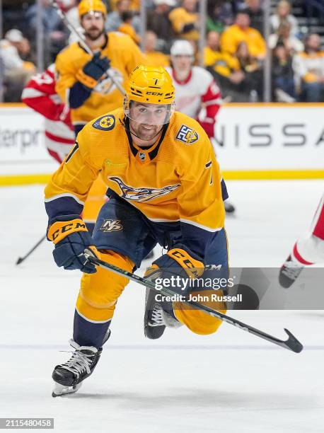 Marc Del Gaizo of the Nashville Predators skates against the Detroit Red Wings during an NHL game at Bridgestone Arena on March 23, 2024 in...